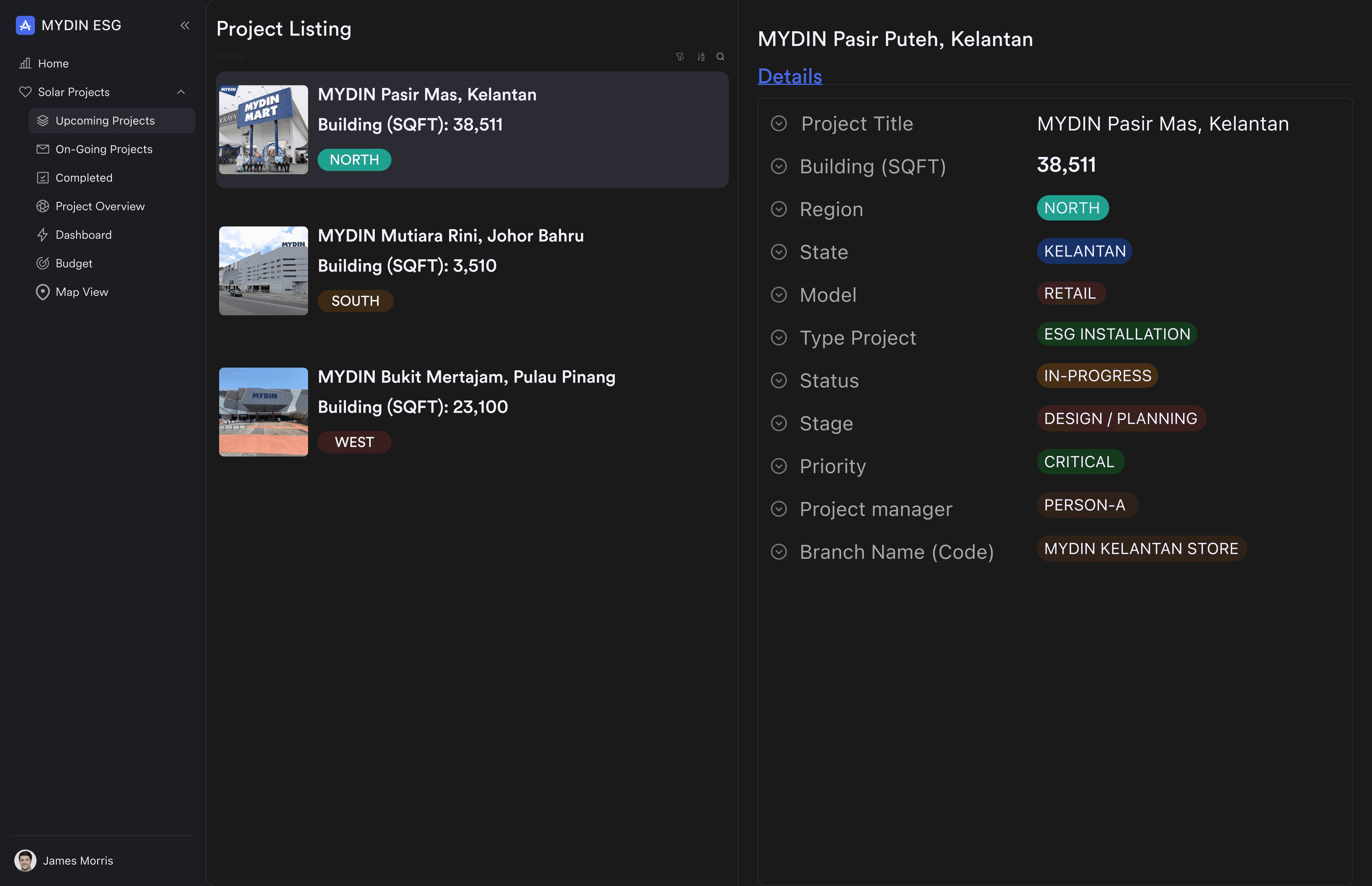 MYDIN ESG project listing and detail view showing site information, project status, region, and installation progress