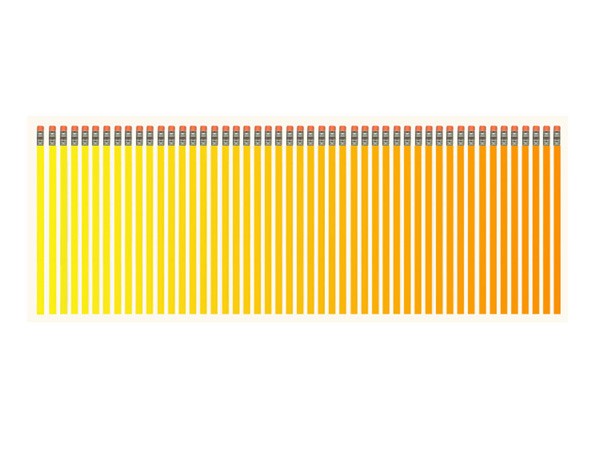 The image shows a neatly arranged row of colored pencils in yellow and orange, positioned vertically against a white background. The pencils are organized in alternating rows, with the yellow pencils in the leftmost row and the orange pencils in the rightmost row. Each pencil has a black eraser at the top and a colored band near the bottom. The pencils are uniformly spaced and aligned, creating a visually striking and orderly display.