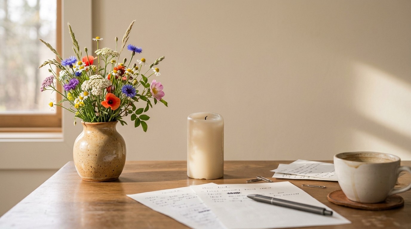A single lit candle on a wooden desk in afternoon light, surrounded by papers and a cup.