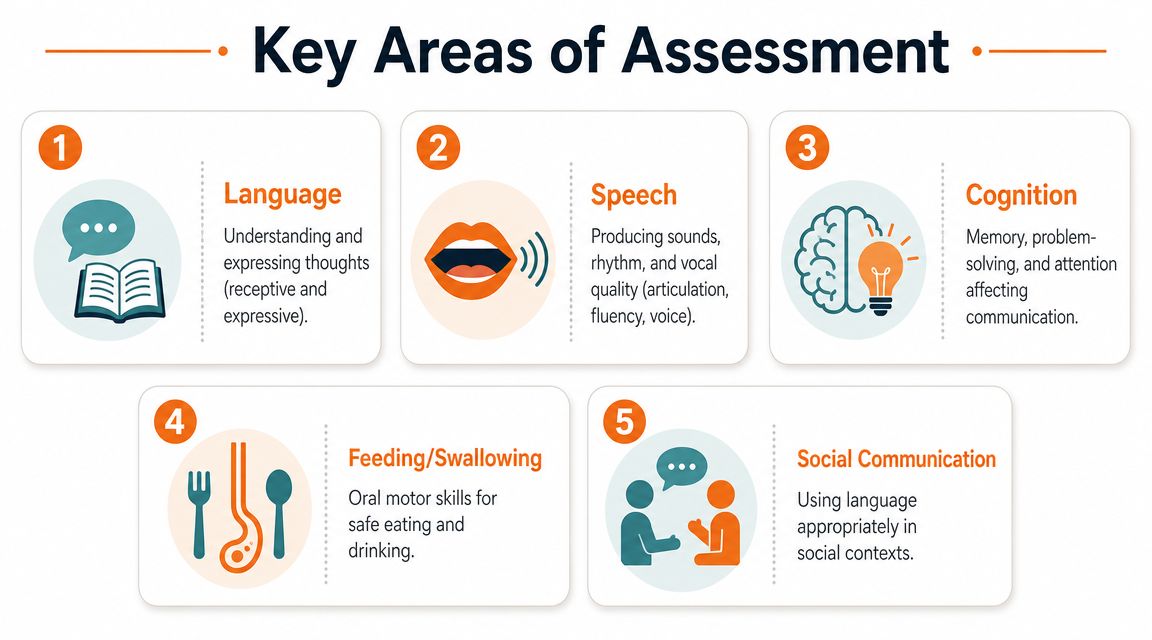 An infographic titled Key Areas of Assessment illustrating speech, language, cognition, feeding, and social communication skills.