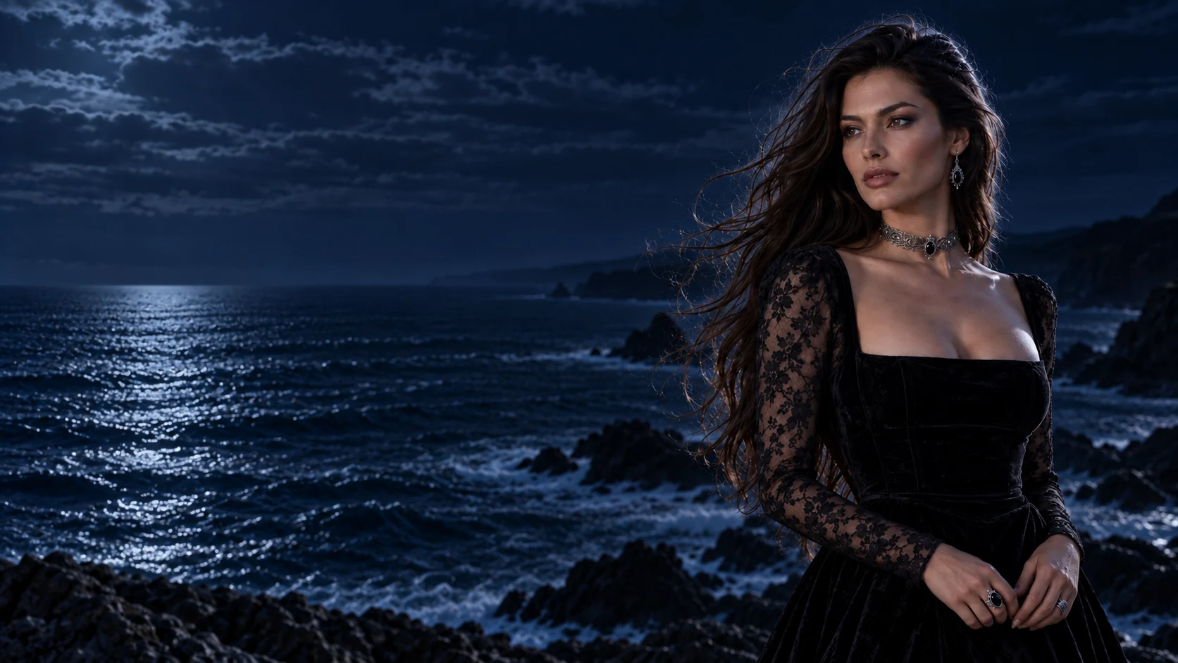 Ines Calder in black velvet by the moonlit coast