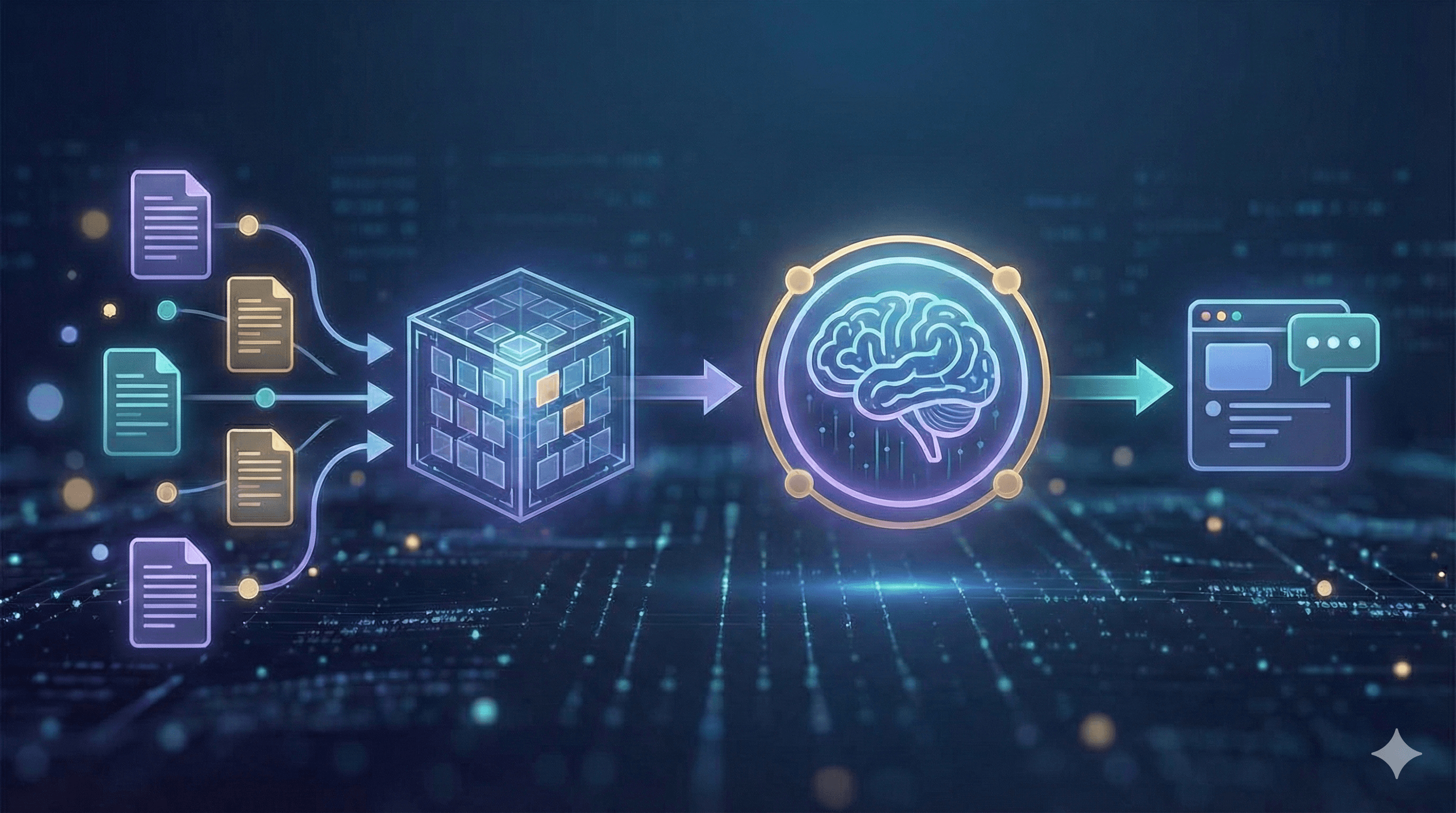 Illustration depicting a process flow with document icons feeding into a 3D cube, which then connects to a brain symbol and concludes with a chat interface, symbolizing information processing and communication, related to the concept of a RAG model.