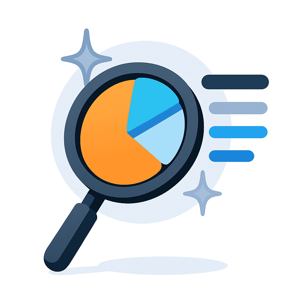 Illustration of a magnifying glass analyzing a colorful pie chart with digital data lines, symbolizing workflow and process audit, in Zuvtor brand colors on a white background.