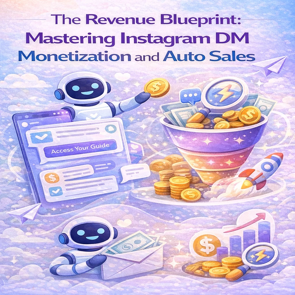 Blog header illustration for “The Revenue Blueprint: Mastering Instagram DM Monetization and Auto Sales,” showing automated Instagram DM monetization with chatbots, sales funnels, gold coins, analytics icons, and a modern light UI design.