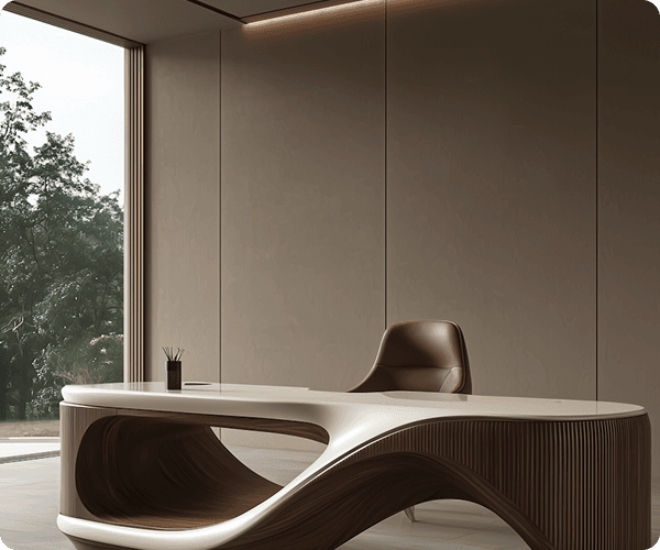  Modern minimalist interior with curved wooden table and warm natural lighting, representing a high-end architectural digital presence concept.