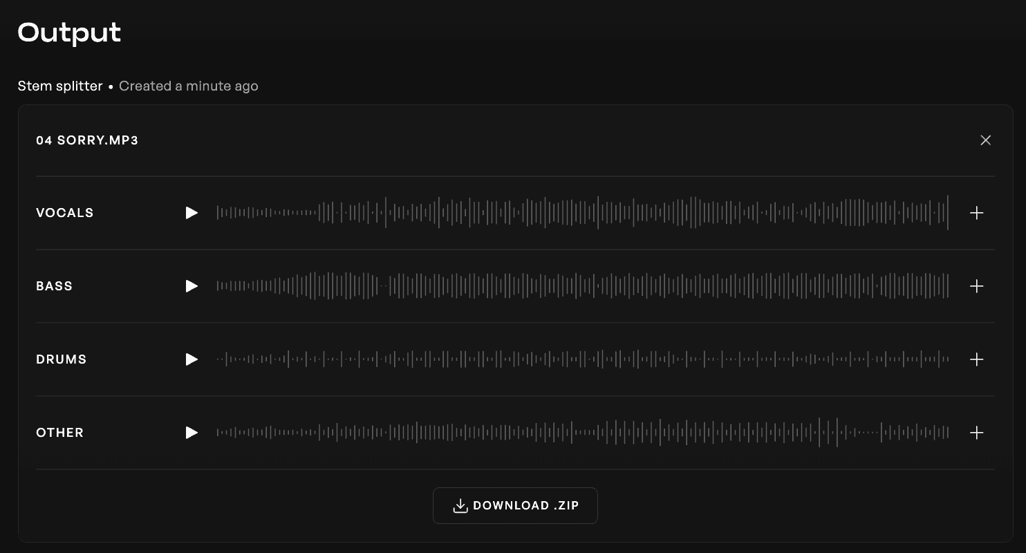 The split stem outputs from the Kits AI stem splitter