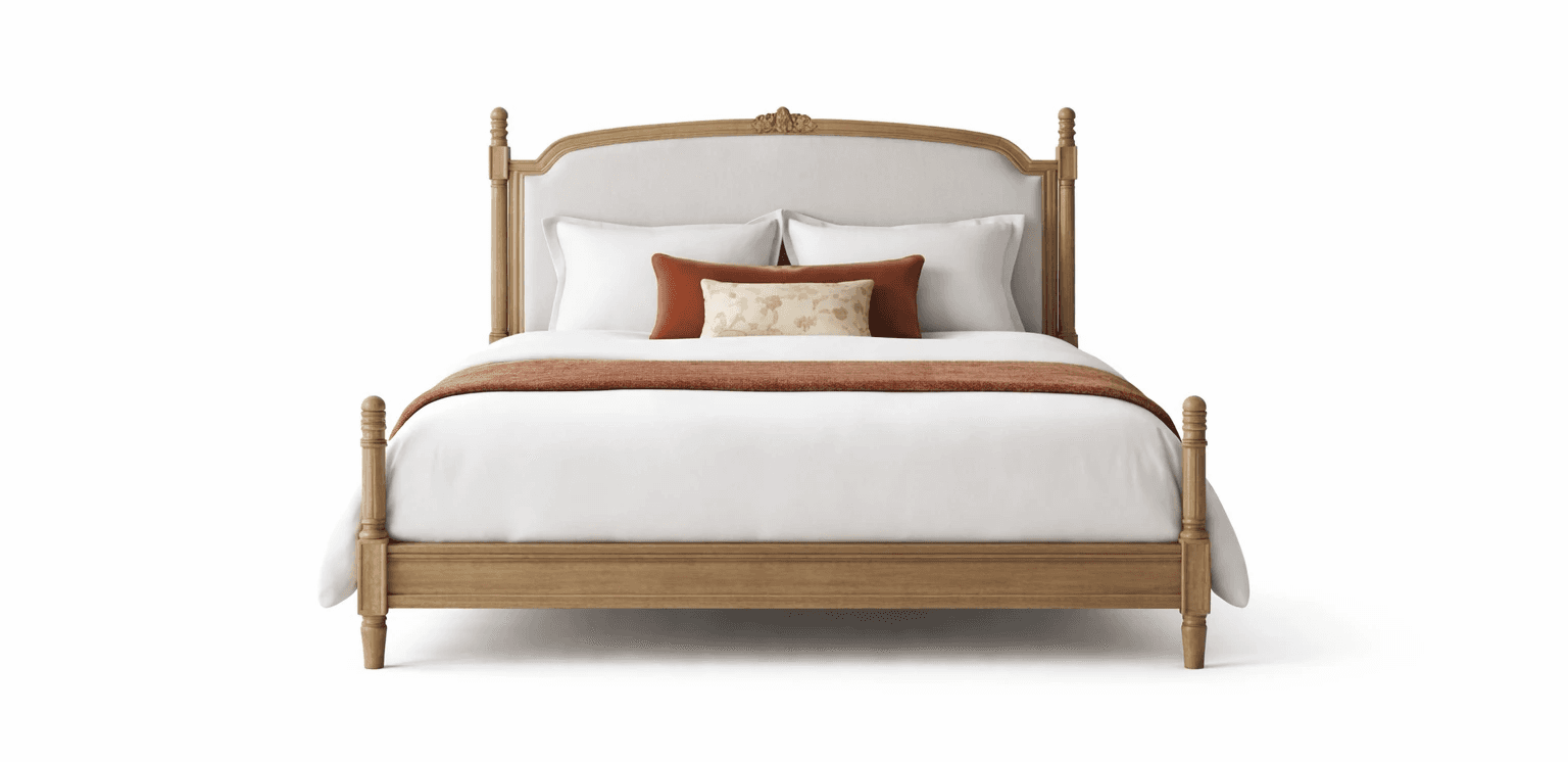 Upholstered bed with framed headboard, slim profile, and tailored edge detailing