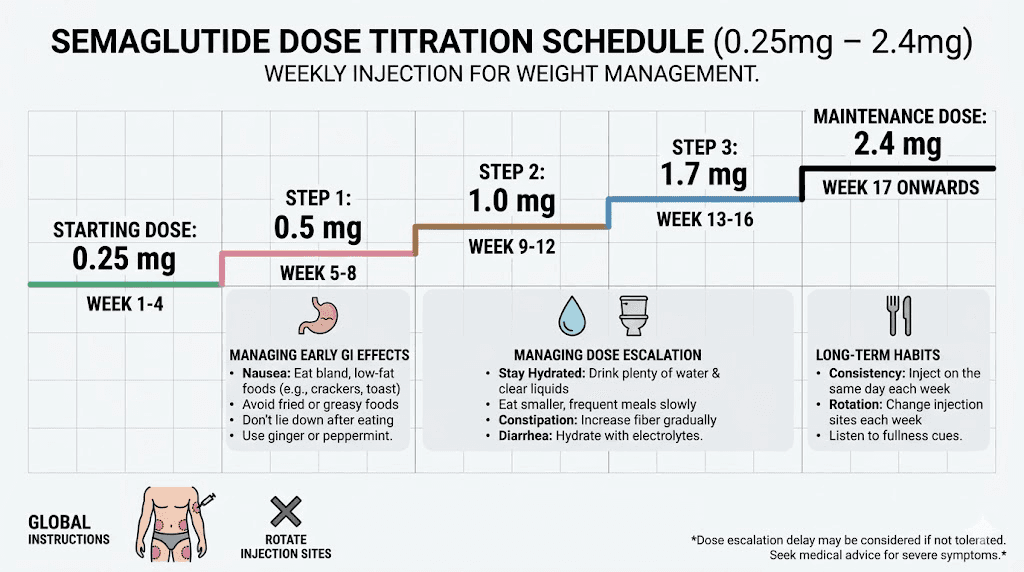 Semaglutide dose titration schedule showing weekly progression and adjustment tips