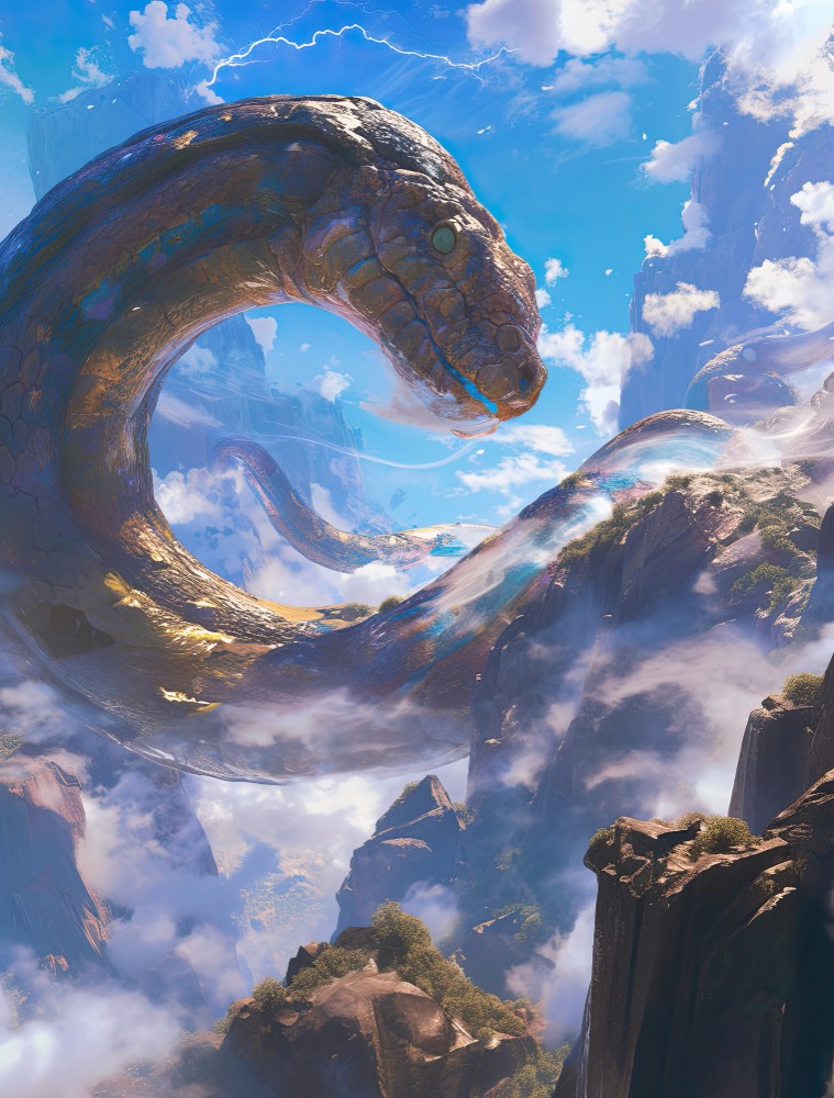 A gigantic, mystical snake floating through clouds above mountain peaks