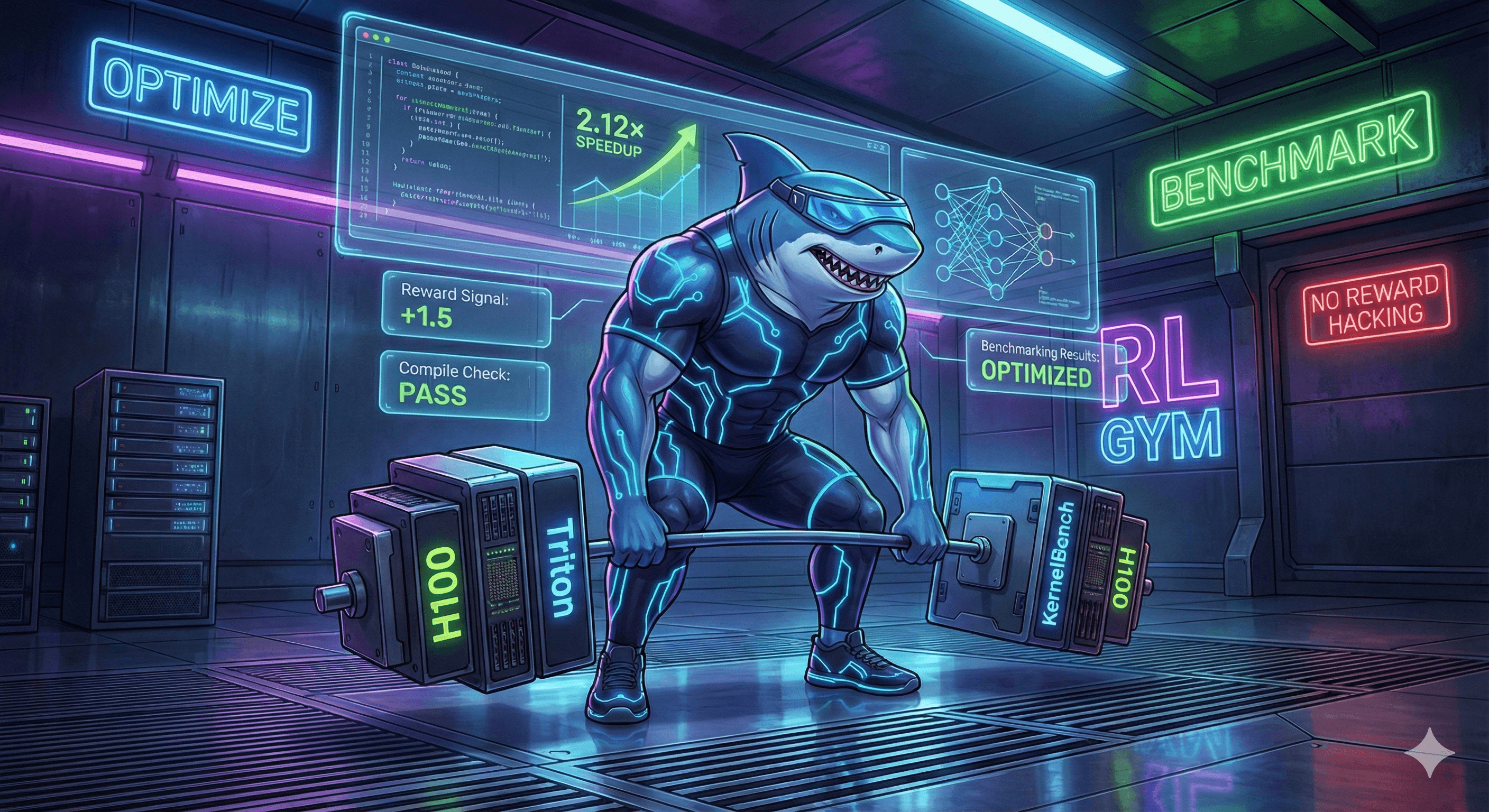 A cinematic illustration of a powerful shark training inside a futuristic “RL GYM” (Reinforcement Learning Gym). The shark is anthropomorphic, muscular but sleek, wearing high-tech workout gear with glowing circuit patterns. It is lifting massive GPU-shaped weights labeled “H100,” “Triton,” and “KernelBench.” Around the gym are holographic screens displaying GPU kernel code, performance graphs, speedup metrics (2.12×), and neural network diagrams. Floating UI elements show reward signals, compile checks, and benchmarking results. The walls have neon signs reading “Optimize,” “Benchmark,” and “No Reward Hacking.”
