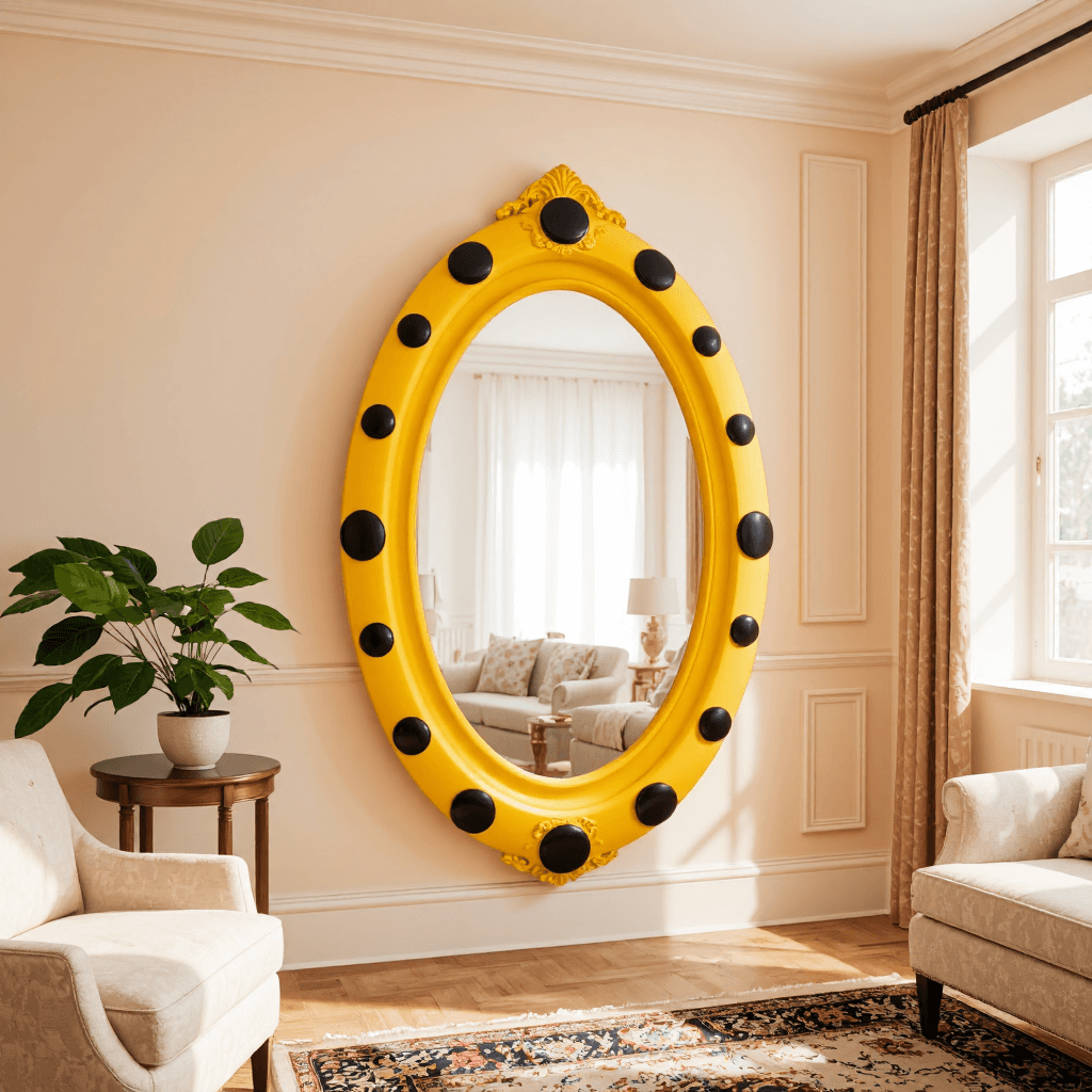 product photography of oval decorative mirror with a polka dot frame