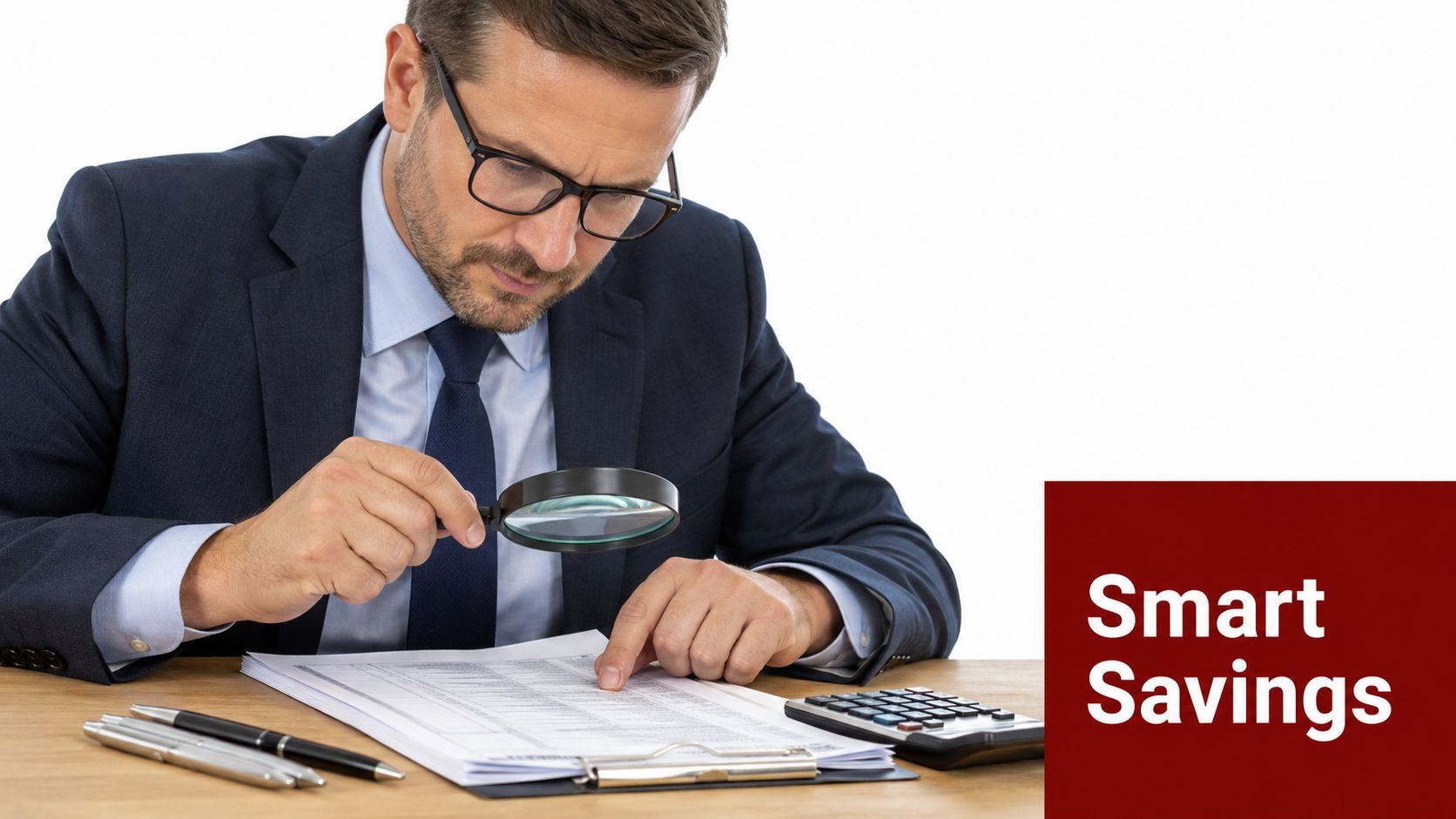 A businessman in a suit uses a magnifying glass to carefully review financial documents on his desk.