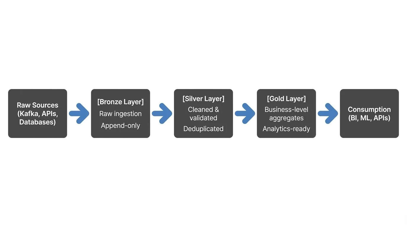 The Medallion Architecture divides your data lake into three distinct zones, each serving a specific purpose in the data pipeline