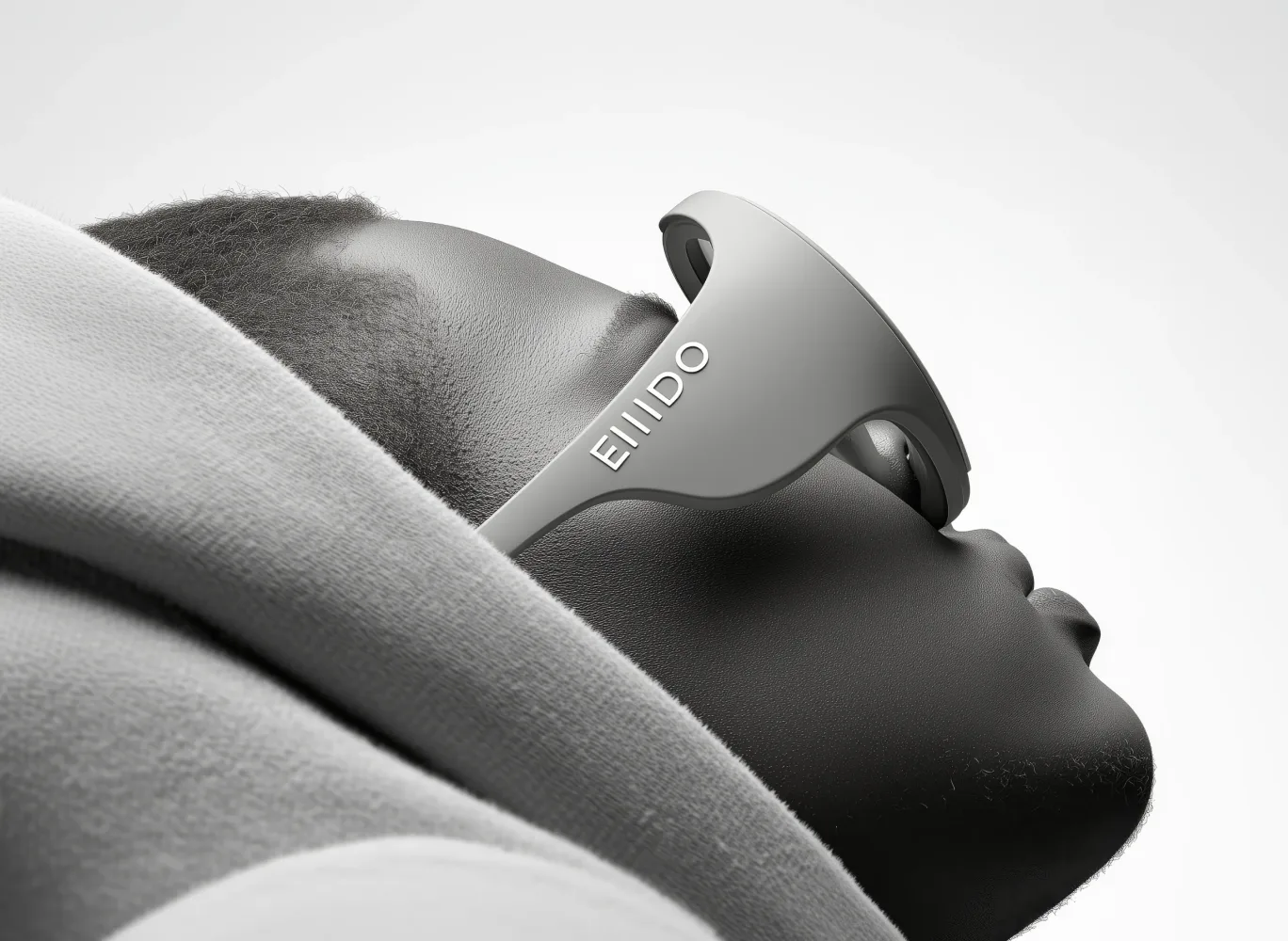 Close-up side profile of a person wearing futuristic smart sunglasses