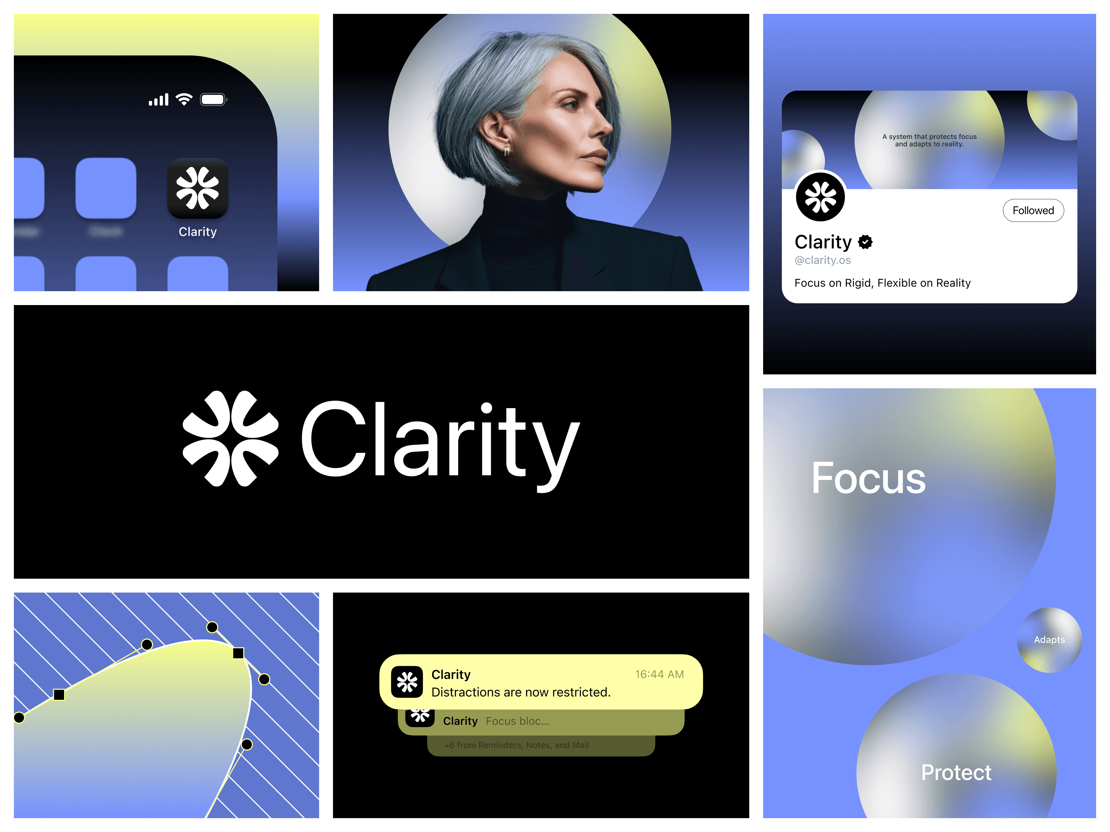 Sakma Studio's branding portfolio for Clarity, displaying a modern asterisk logo, gradient-styled notifications, and abstract visual assets