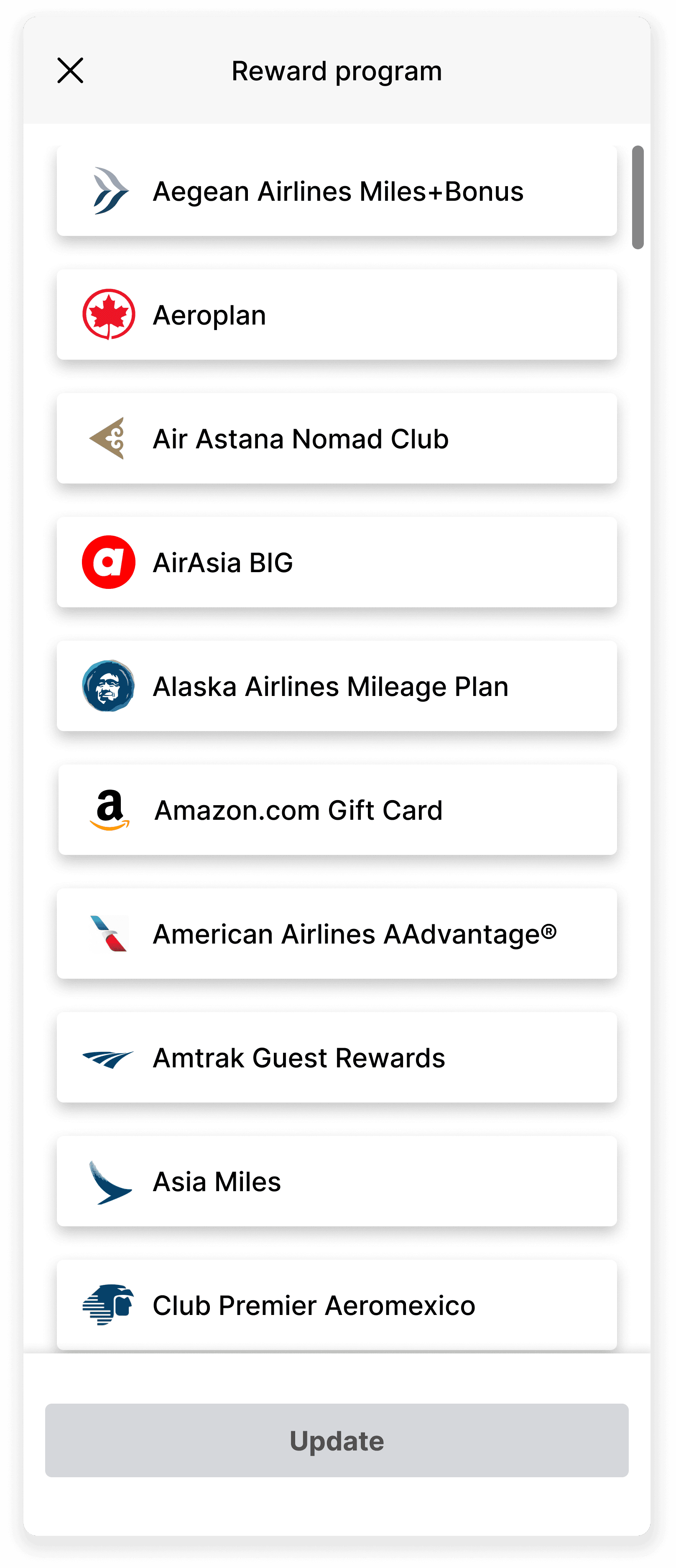 An image of a mobile sheet, contaning 2 columns of branded tiles of available rewards programs.