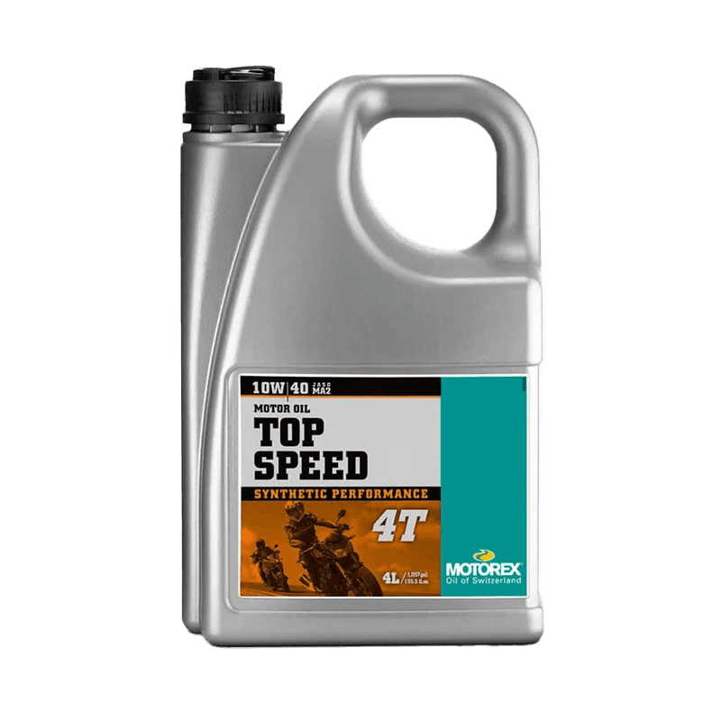 4 liters of Motorex Top Speed 4T synthetic motor oil in a bottle.