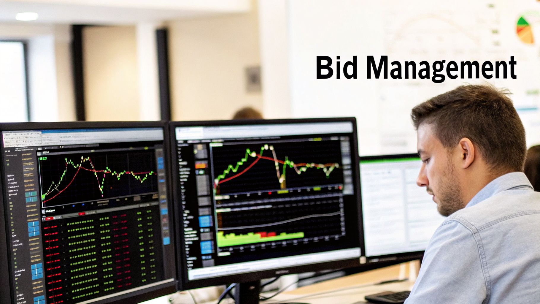 A man intensely watches multiple computer screens displaying financial charts and real-time market data.