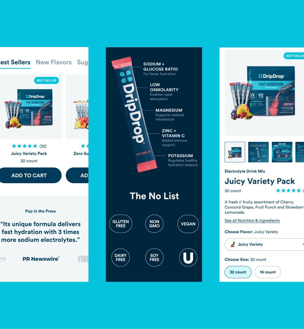 DripDrop mobile storefront displaying electrolyte products and subscription options