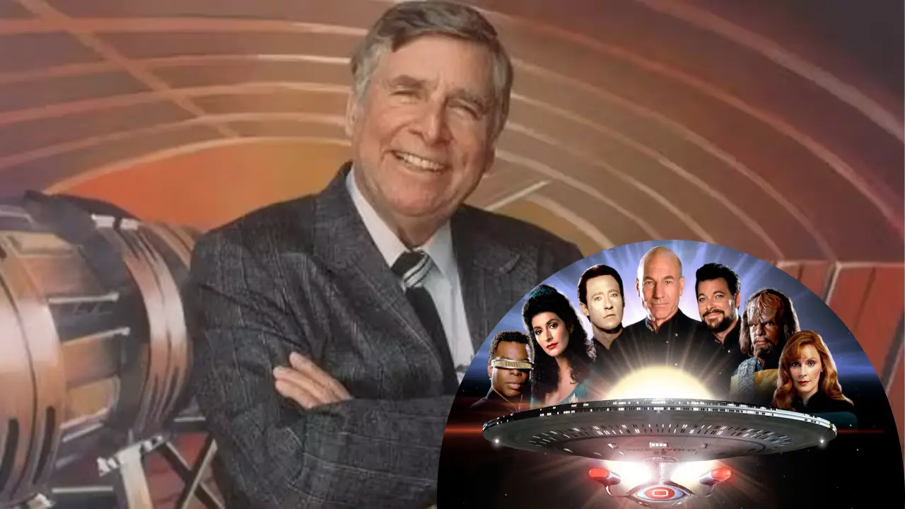 A smiling man in a suit poses in front of a futuristic background with concentric circles, while a separate inset image features a group of individuals above a large spaceship with glowing lights, evoking a science fiction theme.