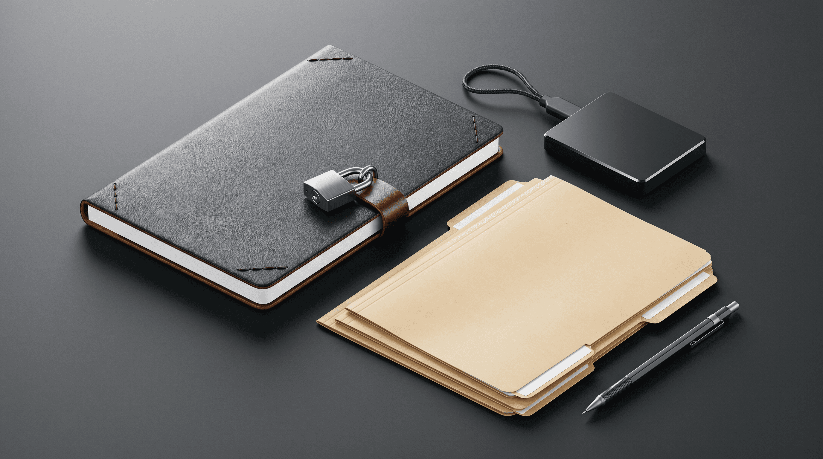 Encrypted research notebook with external drive and sealed folders