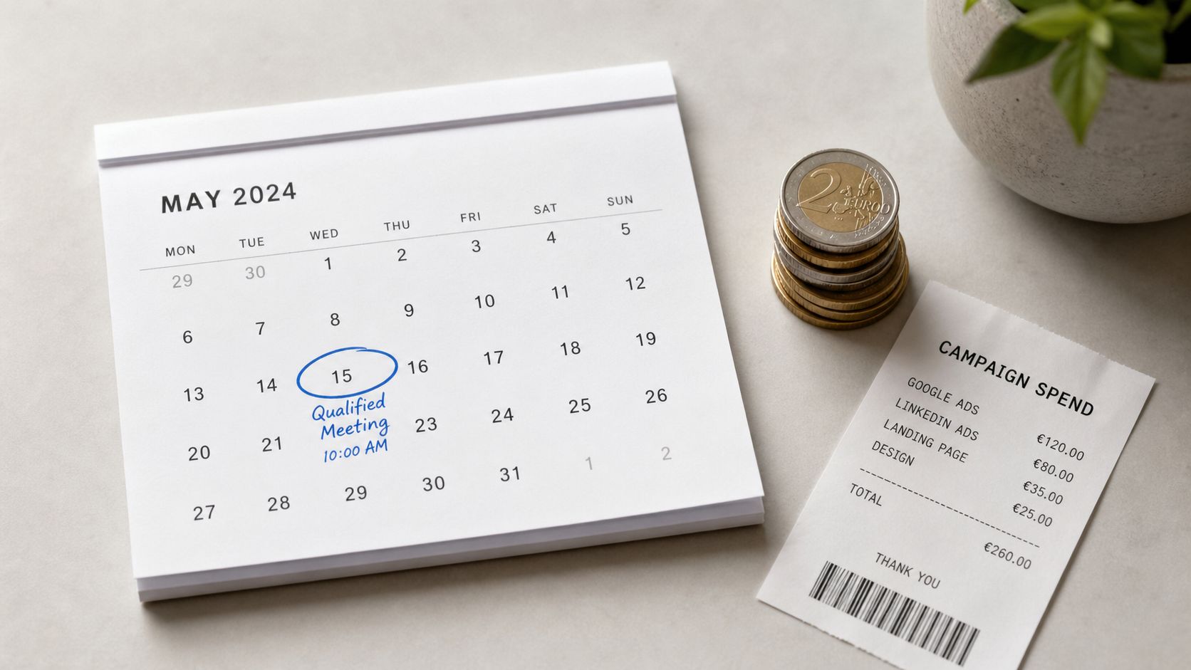 A calendar showing May 2024 with a qualified meeting marked on the 15th next to a receipt.