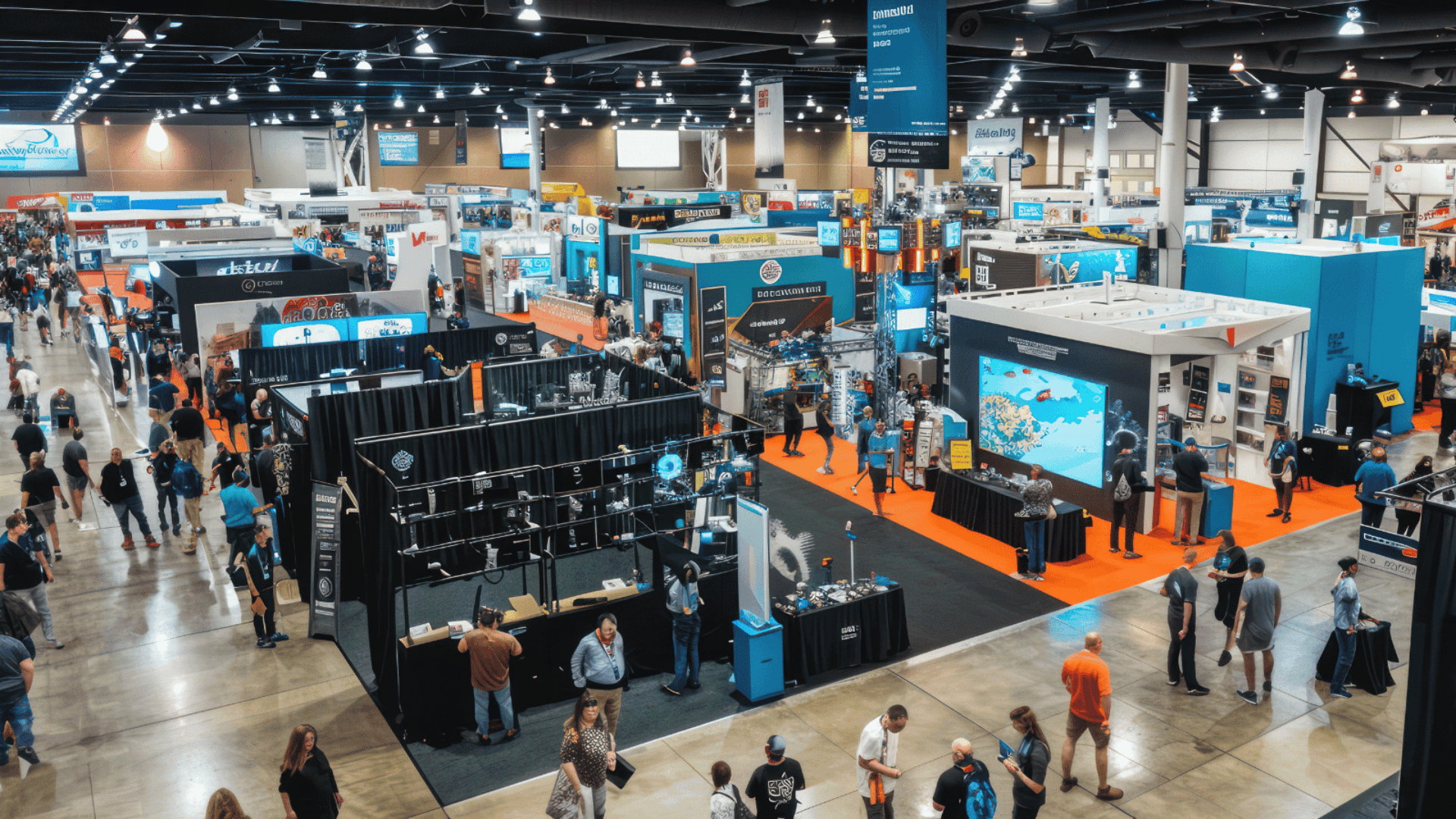 A busy convention center with many trade show displays surrounded on a crowded trade show floor.