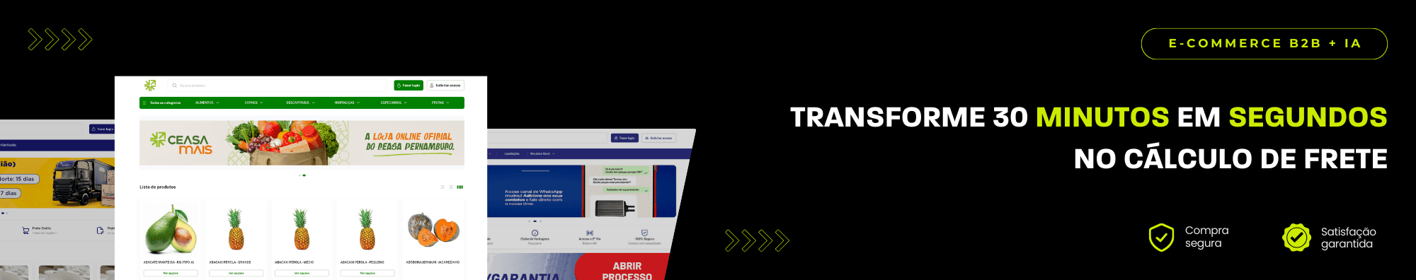 Banner horizontal com fundo escuro, ícones de segurança e satisfação, e imagens de lojas B2B exibidas à esquerda. Elementos gráficos em verde destacam o tema de e-commerce B2B com IA.