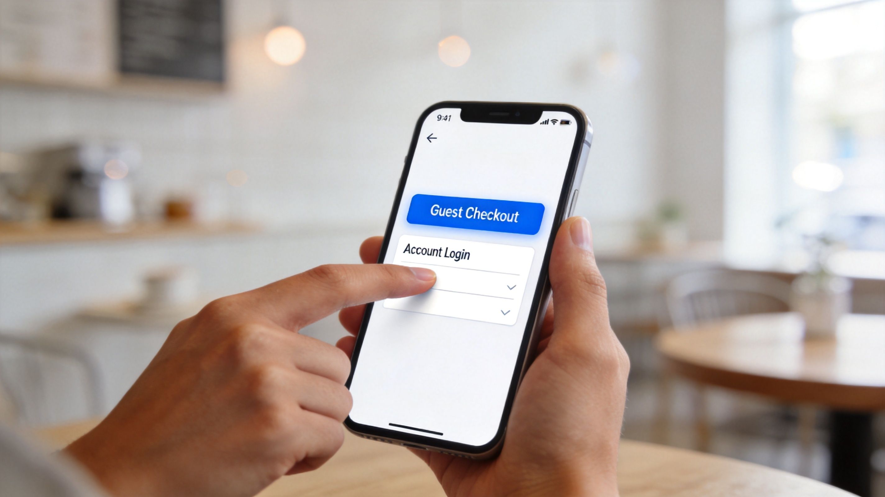 A person holding a smartphone showing an account login screen with a guest checkout option at a cafe.