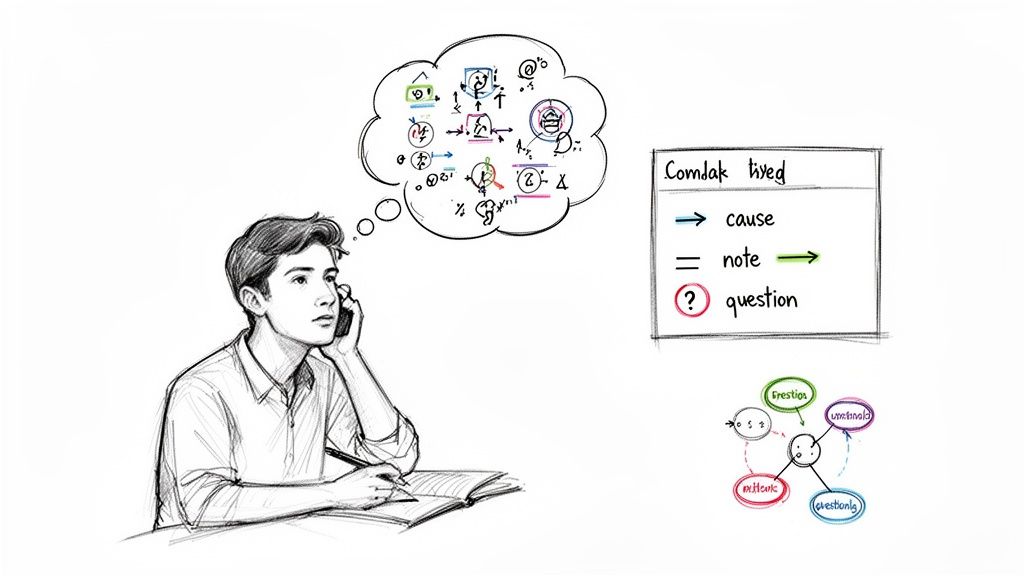 A man on the phone thinks, visualizing complex ideas with symbols, a note-taking legend, and a mind map.