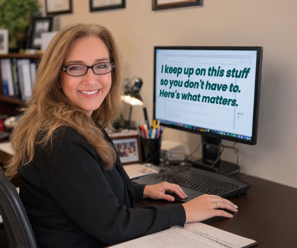 Debbie Anderson, founder of Beacon4.ai, walking along the Portland Maine waterfront with the quote: You built something worth finding. Let's make sure AI knows it's there.