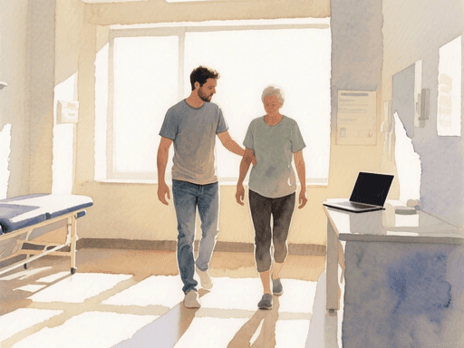 A physiotherapist assisting his patient in walking with proper posture.