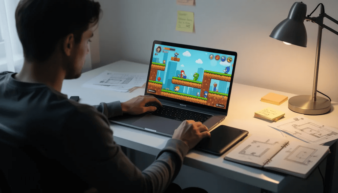 A person is sitting at a desk focused on a laptop, where colorful game graphics showcase the game development process. The vibrant visuals represent the creativity and possibilities of solo game development, highlighting the use of AI tools to create stunning gameplay and characters.