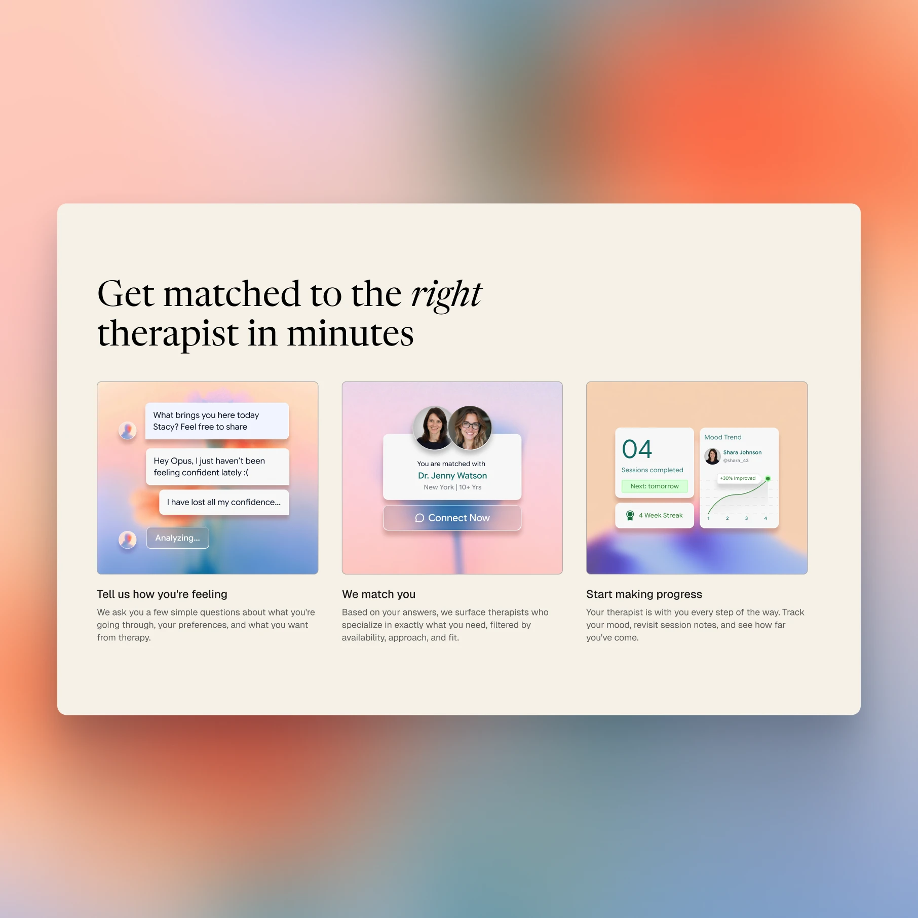 Therapist matching, matching process, progress tracking.
