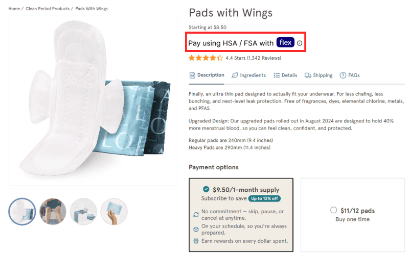 Lola menstrual pads checkout using Flex for HSA/FSA payments