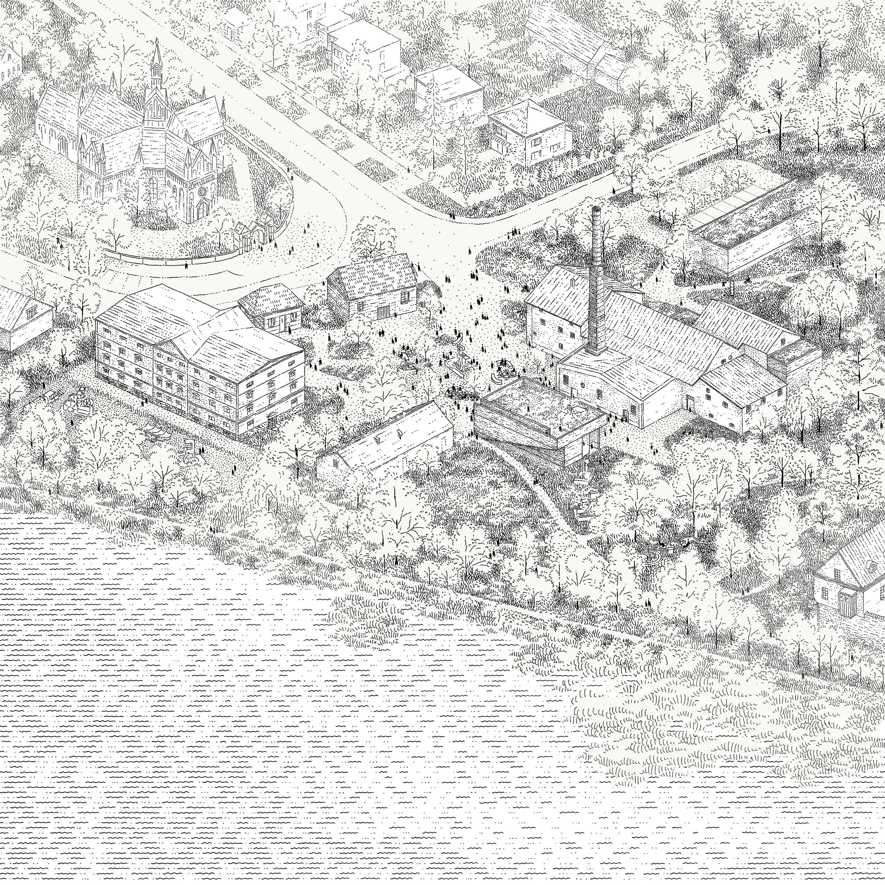 A monochromatic sketch depicting a snowy landscape with trees and a distant hill.