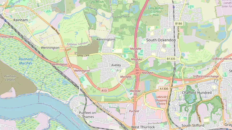 Map showing Aveley in Essex