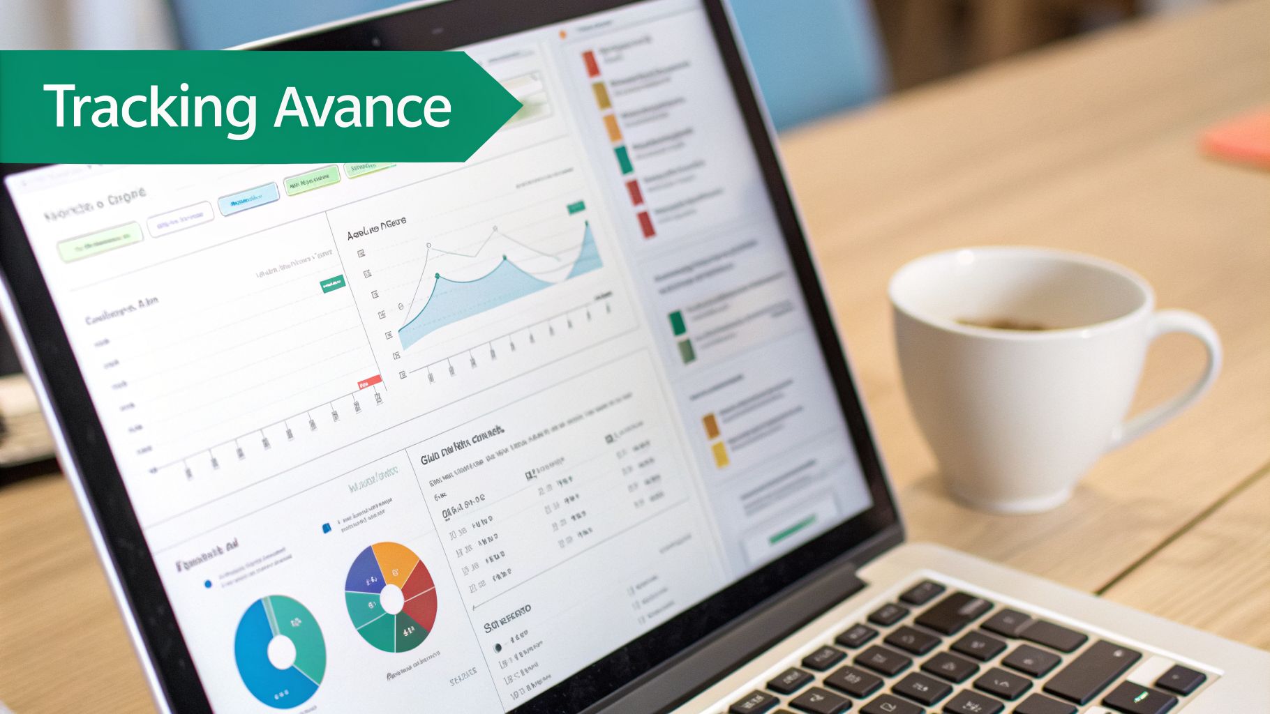 Ordinateur portable affichant des tableaux de bord d'analyse de données et des graphiques, à côté d'une tasse de café. Texte : Tracking Avance.