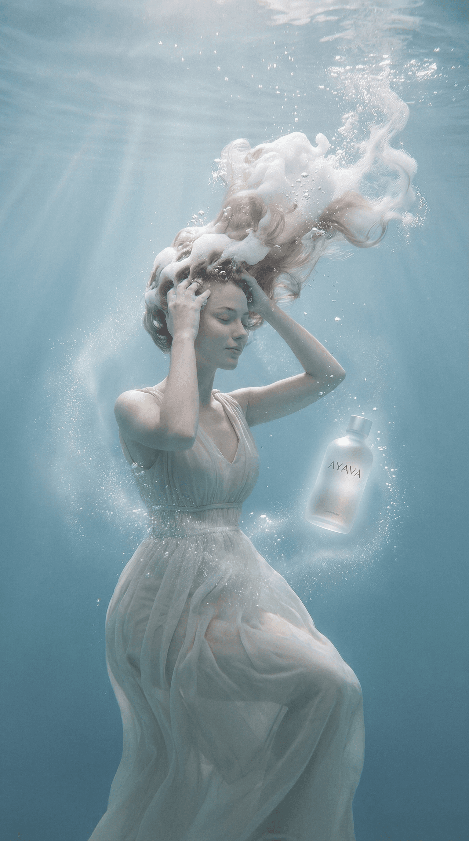 Underwater model with flowing hair and bubbles, AYAVA bottle floating nearby