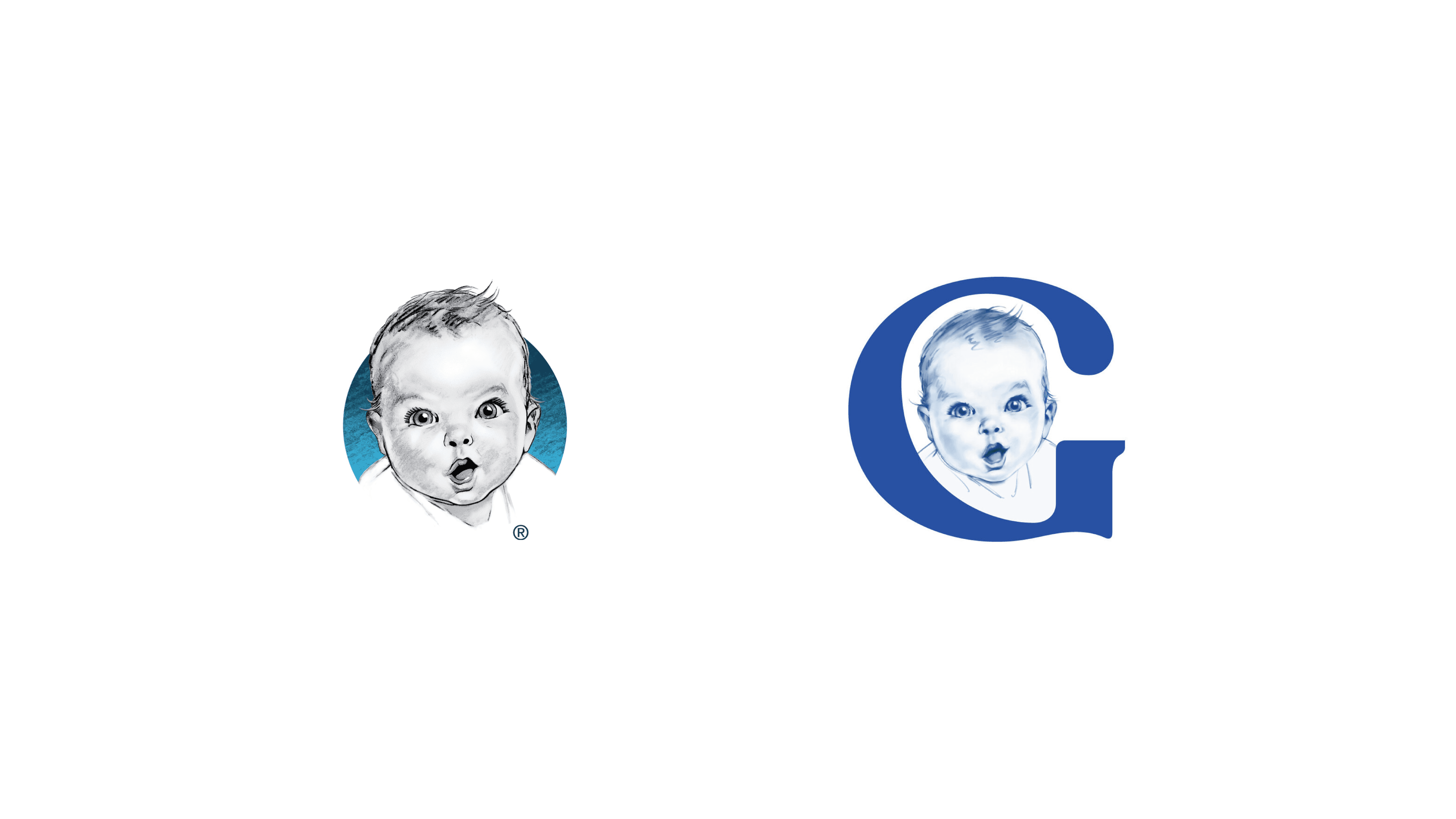 Gerber baby face icon beside a large letter G logo mark with the baby face inside, on white background.
