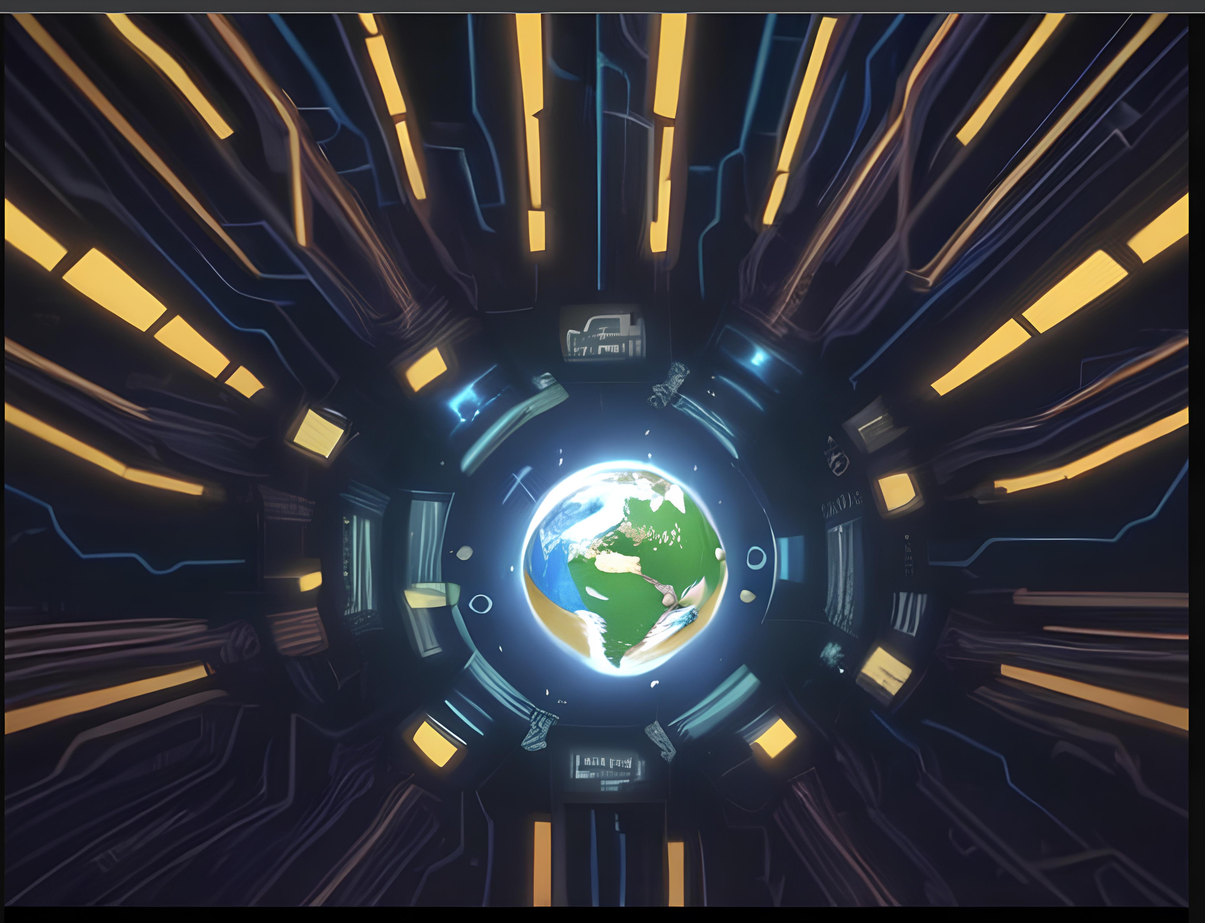 A digital illustration depicting the Earth encircled by an intricate network of illuminated technological structures, symbolizing the potential of automation and artificial intelligence to tackle environmental, social, and governance issues on a global scale.