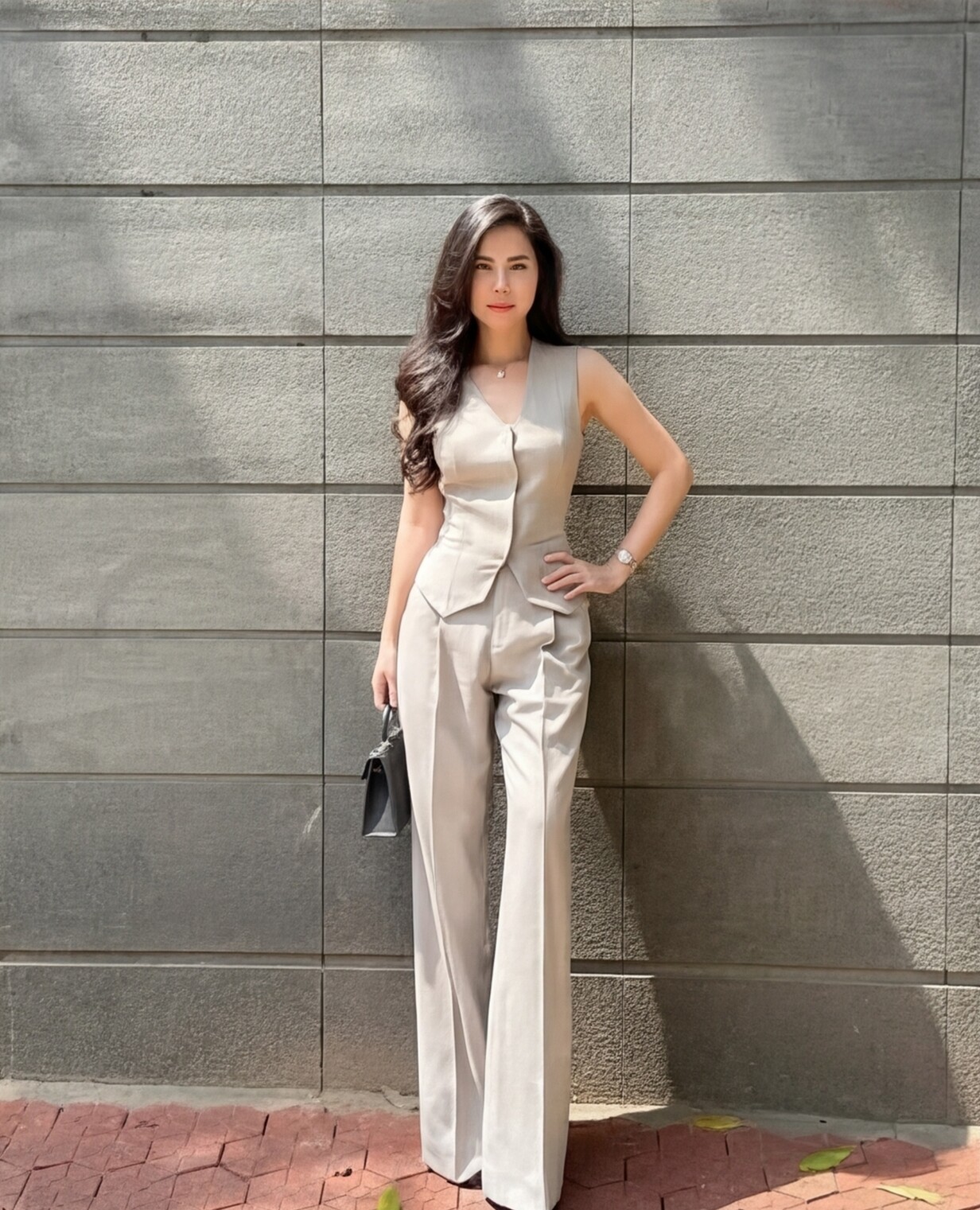 Cream Peplum Vest with Ivory Straight Trousers