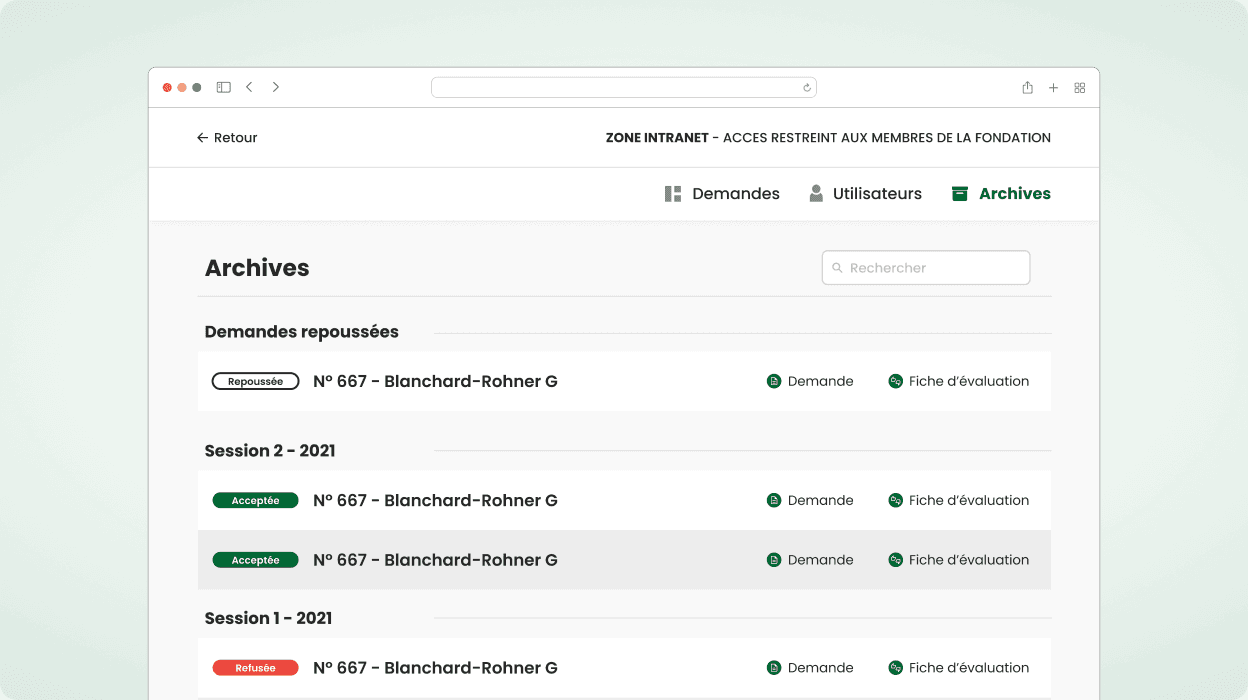 Capture d'écran de la page des archives pour la secrétaire contenant toutes les sessions précdentes actuelles et à venir ainsi que les demande de finacement associées