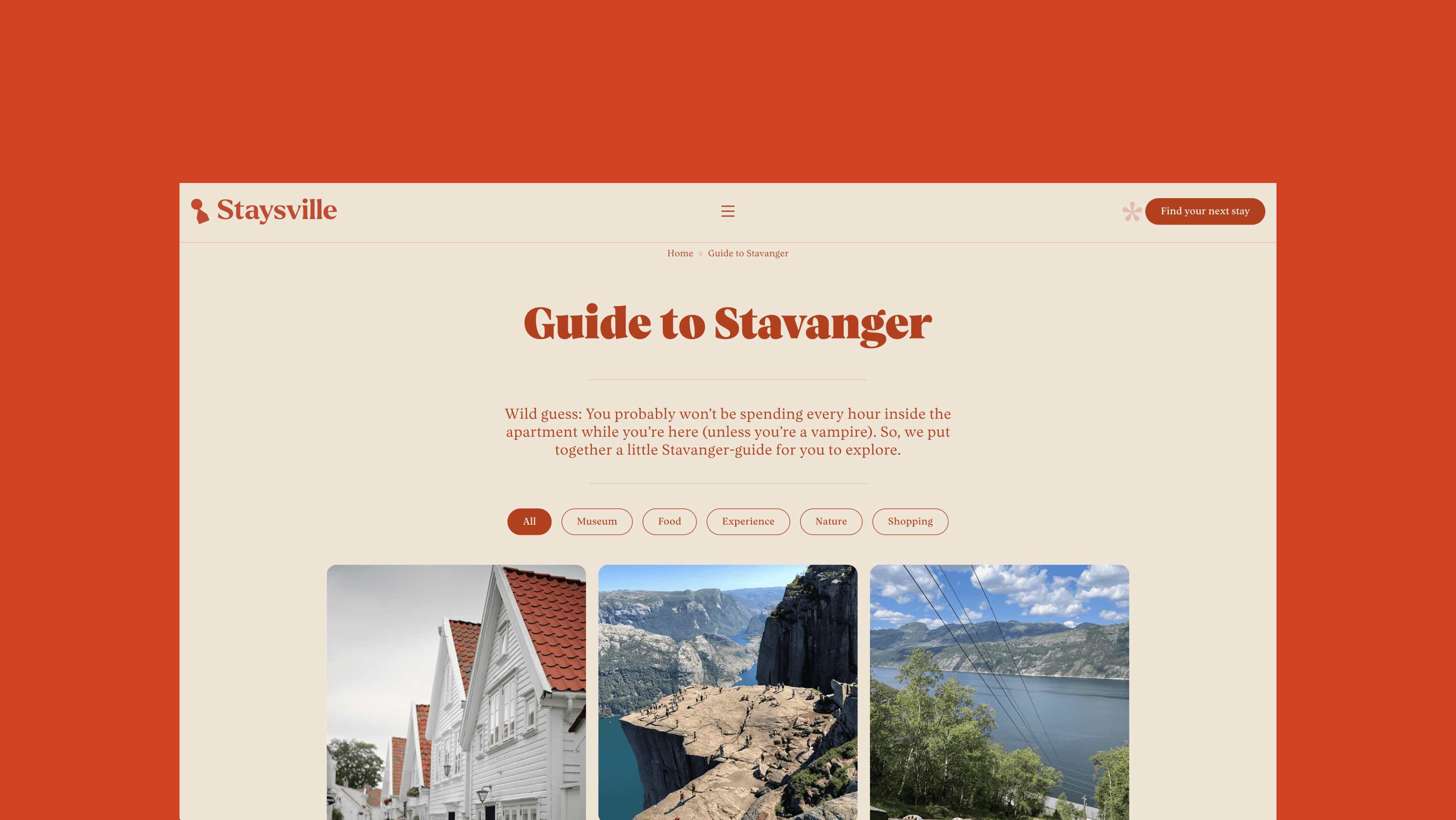 The Guide to Stavanger page from the Staysville webpage on a bright orange background.