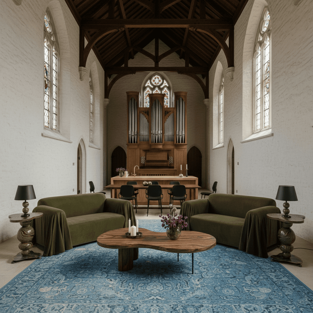 Golden hour architectural courtyard with terracotta walls, overhead beams, and planted walkways lined with trees.