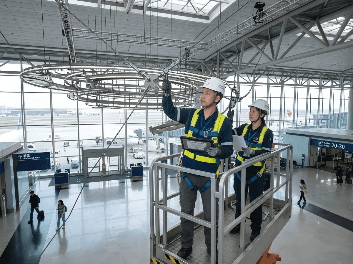 工程人員在機場禁區檢查懸掛藝術裝置結構與安全,符合機場藝術空間及消防審批標準 (Engineers inspecting suspended art installation in an airport restricted area for structural and safety compliance)