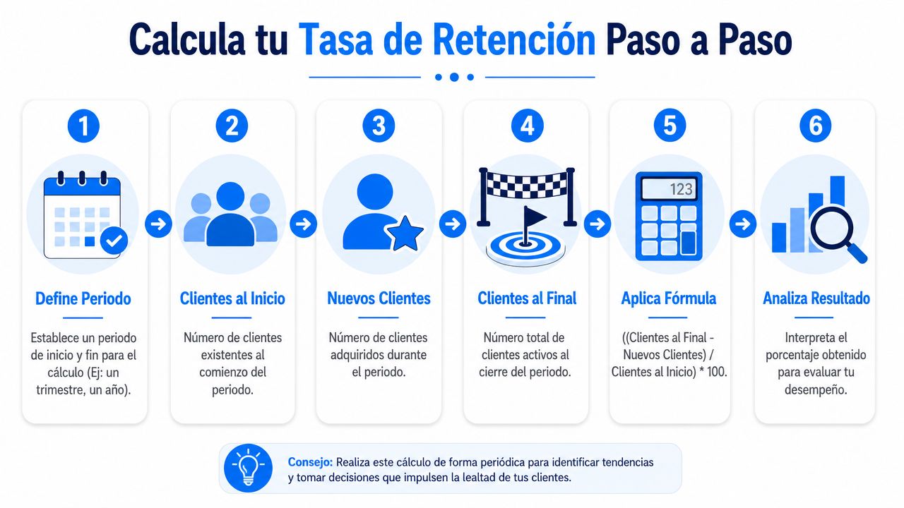 Infografía paso a paso que explica cómo calcular la tasa de retención de clientes de una empresa.