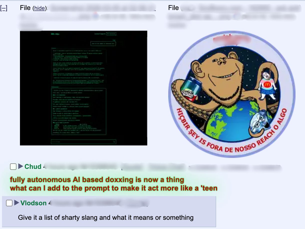 An archival screenshot (with all links redacted by Open Measures) shows a thread started on March 6, 2026, in Soyjak Party’s /soy/ board that announces the arrival of a free, autonomous, AI-driven tool for assembling breach data on target individuals for doxing campaigns. The first post reads: “fully autonomous AI based doxxing is now a thing / what can I add to the prompt to make it act more like a ‘teen.”