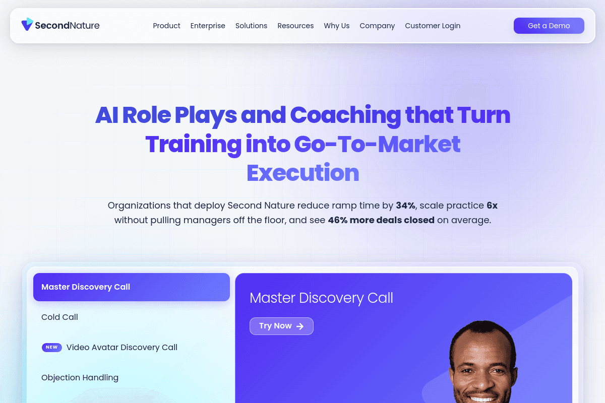 Second Nature homepage, AI role plays and coaching for sales teams