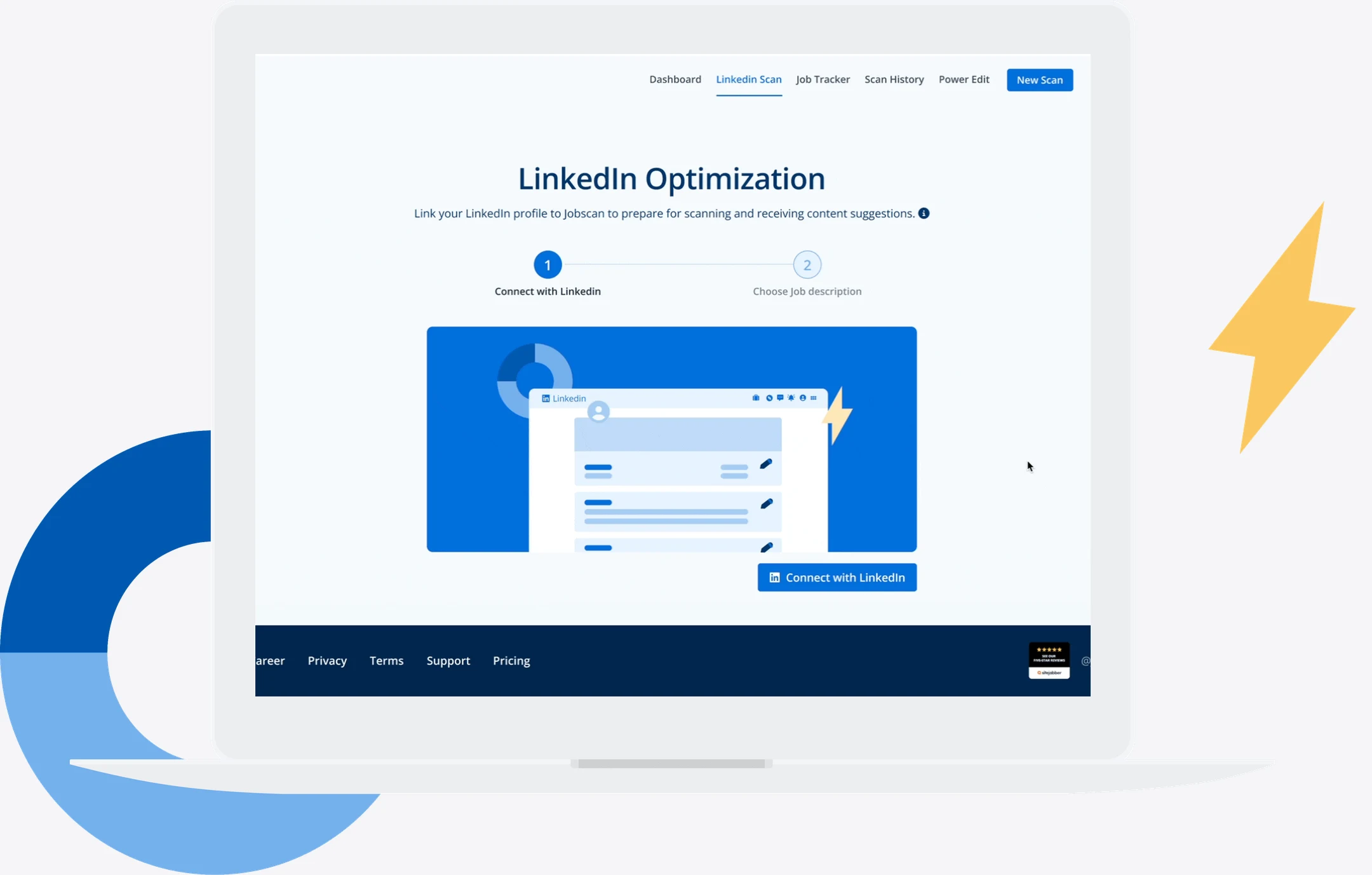 Jobscan LinkedIn optimization flow playing on a laptop